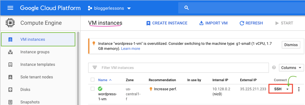 Connect to SSH from VM Instances on Google cloud